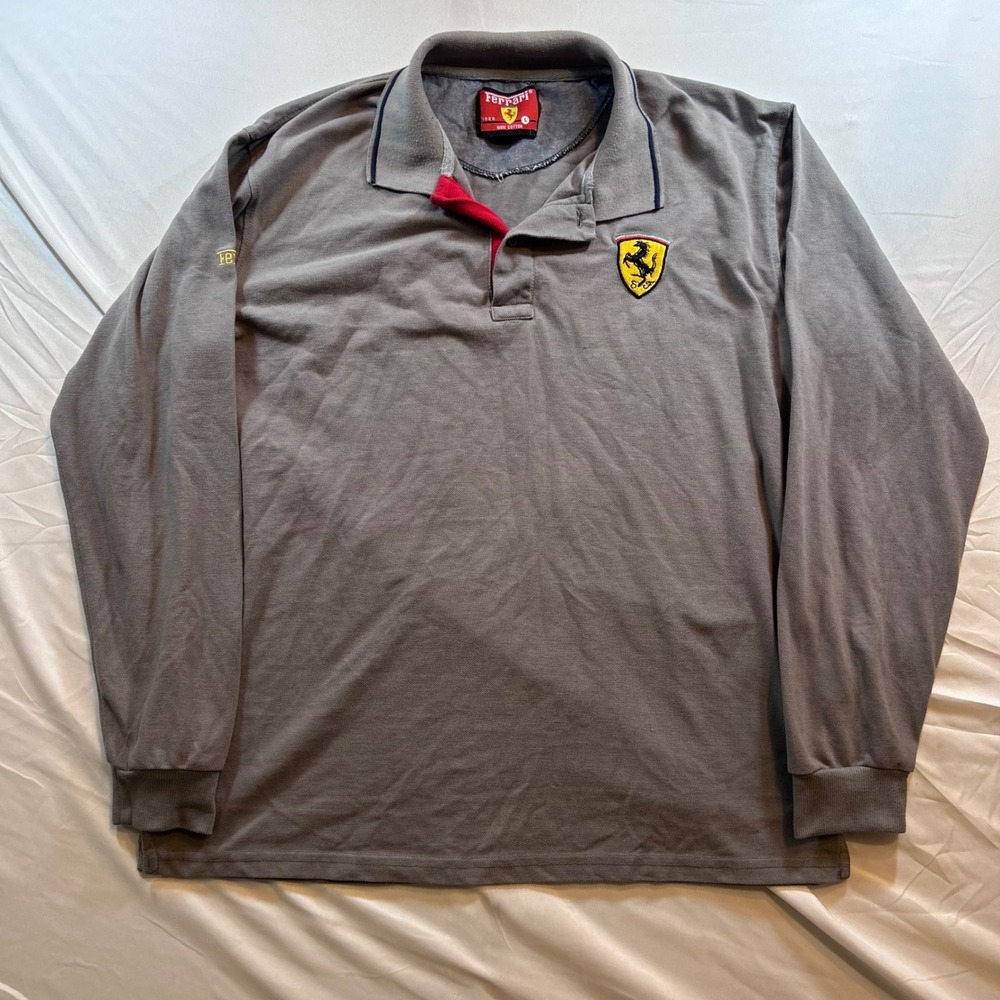 Ferrari Mens Long Sleeve Polo Shirt Grey Cotton Pique Scuderia Shield Large